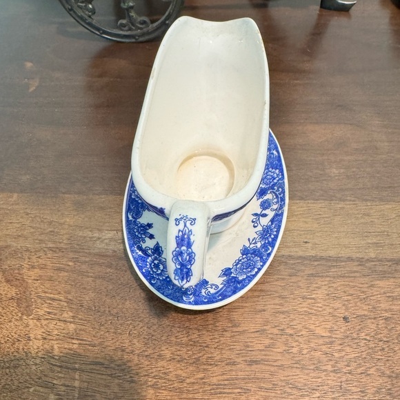 Italian Spode Vintage Blue & White Floral Gravy Sauce Boat & Attached Saucer - Picture 3 of 4
